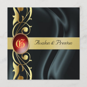 Marquis Black Silk Gold Scroll Ruby Invitation Kaart