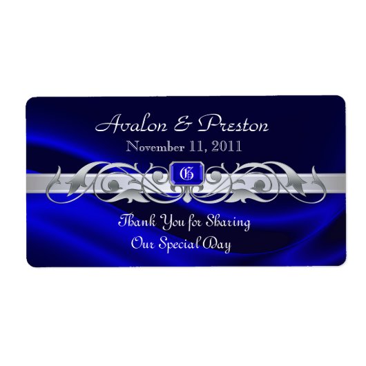 Marquis Blauw Zijde Zilver Scroll Wijn Trouwlabel Etiket (Voorkant)