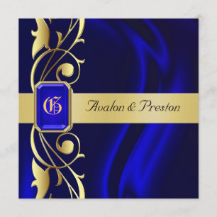Marquis Blue Silk Gold Scroll Sapphire Invitation Kaart