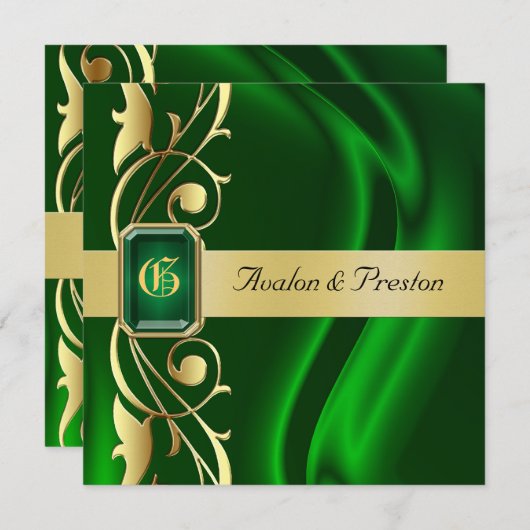 Marquis Green Silk Gold Scroll Emerald Invitation (Devant / Derrière)