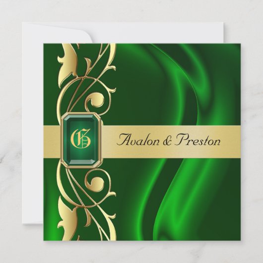 Marquis Green Silk Gold Scroll Emerald Invitation (Devant)