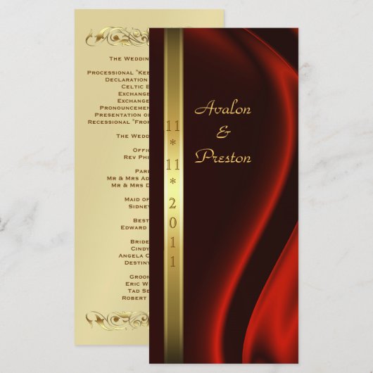 Marquis Red Silk Gold Wedding Programme (Devant / Derrière)