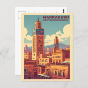 Marrakesh oud stadsgebouw met moskee briefkaart