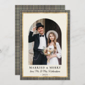 Married and Merry Arch Photo Black Gold Plaid Feestdagenkaart (Voorkant / Achterkant)