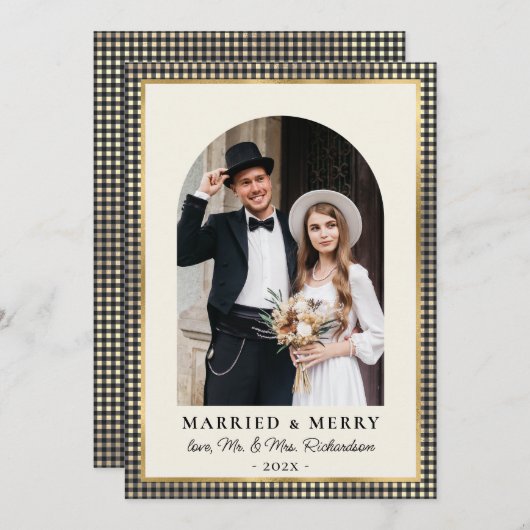 Married and Merry Arch Photo Black Gold Plaid Feestdagenkaart (Voorkant / Achterkant)