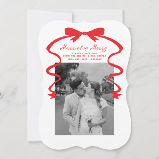 Married and Merry Bow Photo Christmas Newlyweds Feestdagenkaart
