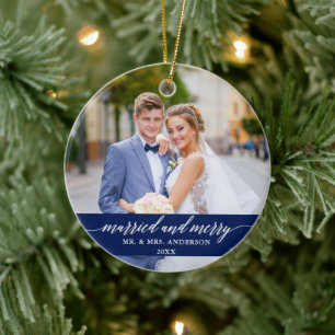 Married and Merry Wedding Blue Keramisch Ornament