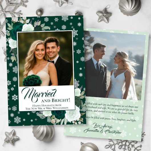 Married & Bright Emerald Roses Festive Newlyweds Feestdagenkaart
