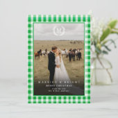 "Married & Bright" Gingham Monogram Crest 2 Photo Bedankkaart (Staand voorkant)