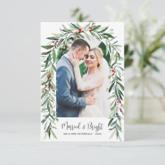 Married & Bright kerstboog aankondigingskaart Bedankkaart (Staand voorkant)