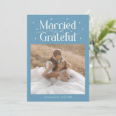 Married & Grateful Wedding Photo Denim Blue Bedankkaart (Staand voorkant)