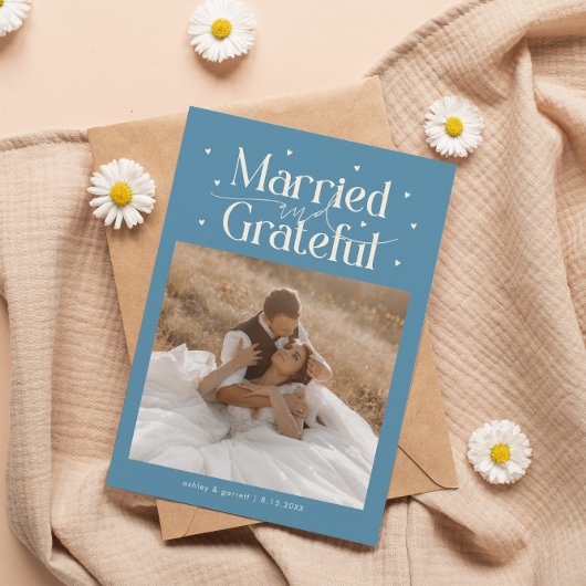Married & Grateful Wedding Photo Denim Blue Bedankkaart