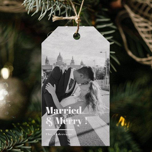 Married & Merry | Elegant Black & White Wedding Cadeaulabel