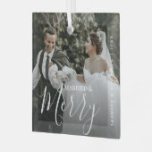 Married & Merry Modern Mr & Mrs Foto Glas Ornament (Voorkant links)