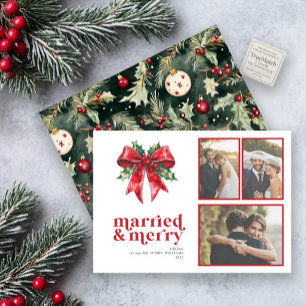Married & Merry Red Bow Holly Pas getrouwd 3 Foto Feestdagenkaart