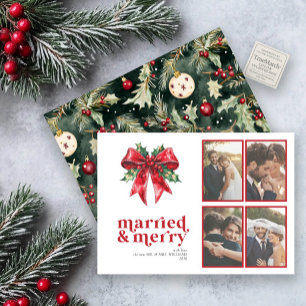 Married & Merry Red Bow Holly Pas getrouwd 4 Foto Feestdagenkaart