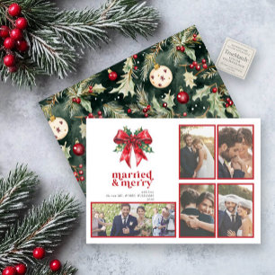 Married & Merry Red Bow Holly Pas getrouwd 5 Foto Feestdagenkaart
