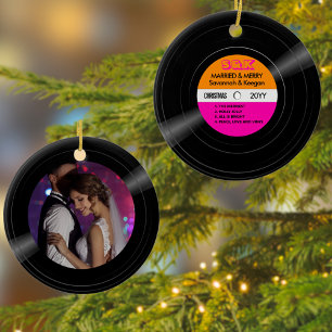 Married & Merry Vinyl Record Roze Sinaasappel Foto Keramisch Ornament