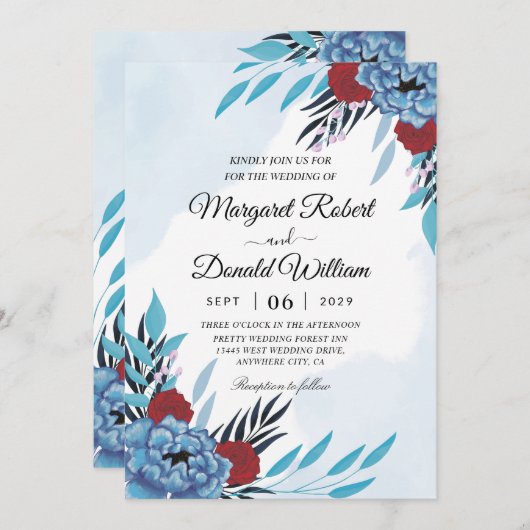 marron fleuri et faire-part de mariage turquoise (Devant / Derrière)