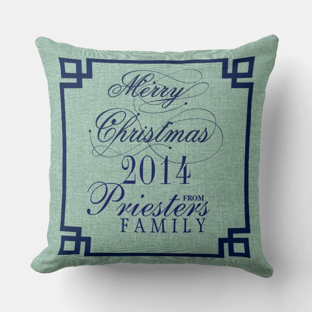 Marry Kerstblauw Tekst Sage-Green Linen Texture Kussen (Voorkant)
