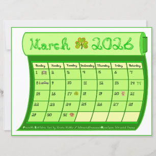 Mars 2026 Mois Vert Calendrier Tissu Police Papier
