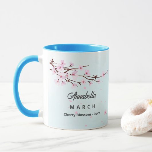 Mars Mois de naissance Fleur café Mug (Avec donut)