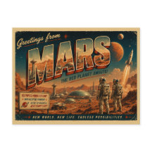 Mars Retro Sci-Fi Ansichtkaart | Vintage Rode Plan