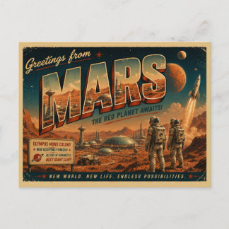 Mars Retro Sci-Fi Ansichtkaart | Vintage Rode Plan Briefkaart