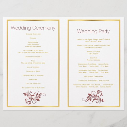 Marsala ampersand programme de mariage feuille de  (Dos)