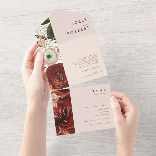 Marsala Autumn Floral | Blush Seal and Send All In One Uitnodiging (Afscheurbaar)