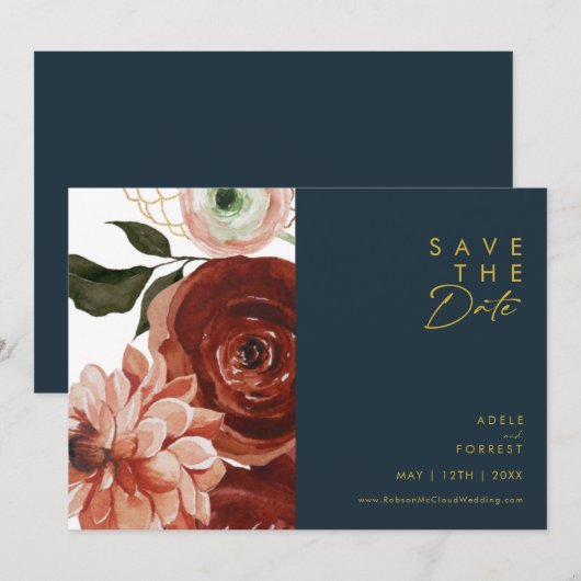 Marsala Autumn Floral | Horizontale zeemacht Save The Date (Voorkant / Achterkant)
