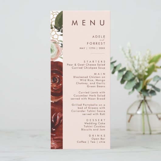 Marsala Autumn Floral | Menu Blinde bruiloft (Staand voorkant)