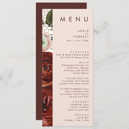 Marsala Autumn Floral | Menu Dîner Mariage Blush (Devant / Derrière)