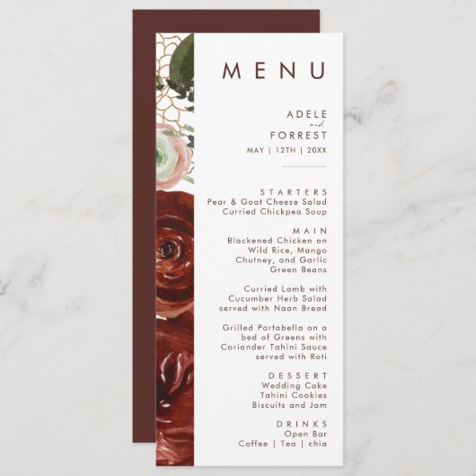 Marsala Autumn Floral | Menu du dîner Mariage blan (Devant / Derrière)