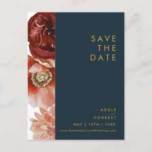 Marsala Autumn Floral Navy Save the Date Briefkaar Uitnodiging Briefkaart