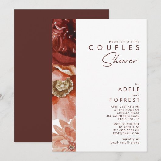 Marsala Autumn Floral | White Couples Shower Kaart (Voorkant / Achterkant)