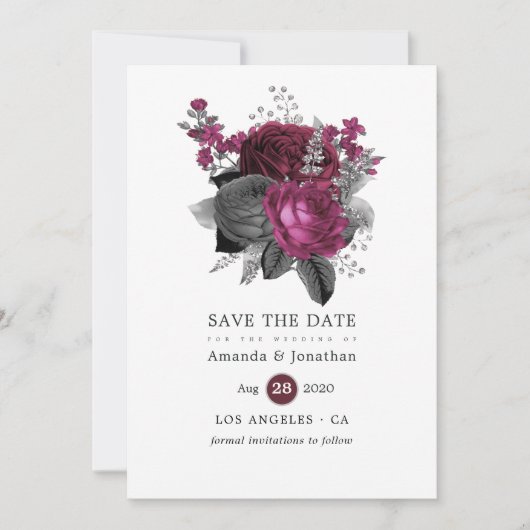 Marsala, Black en Silver Floral Wedding Save The Date (Voorkant)