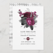 Marsala, Black en Silver Floral Wedding Save The Date (Voorkant / Achterkant)