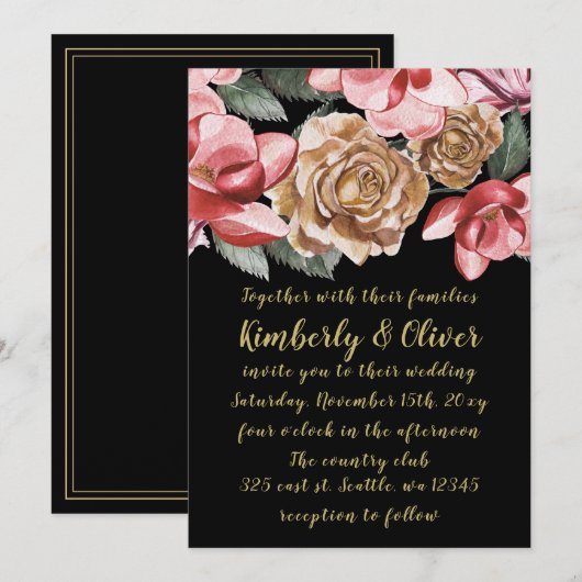 Marsala Black Floral Wedding Invitation Kaart (Voorkant / Achterkant)