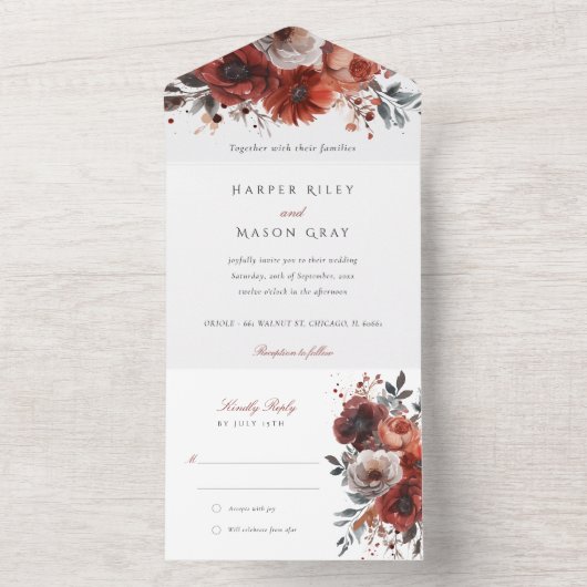 Marsala Bloei Scheur-Apart RSVP Trouwfeest All In One Uitnodiging (Binnen)