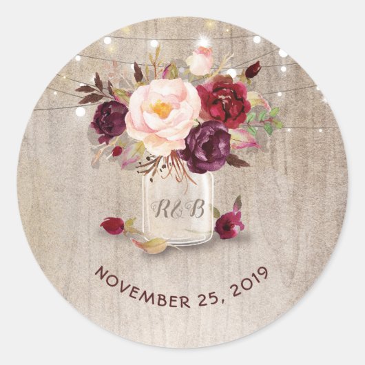Marsala Bloemen Mason Jar Rustieke Bruiloft Ronde Sticker (Voorkant)