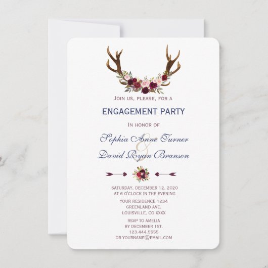 Marsala Bloemrijke Geweien Navy Blauwe Verlovingsf Kaart (Voorkant)