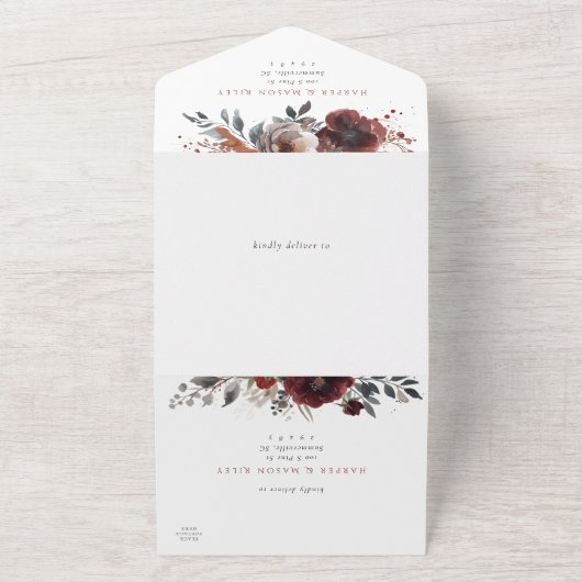 Marsala Bloom Scheur-weg RSVP Bruiloft All In One Uitnodiging (Buitenkant)