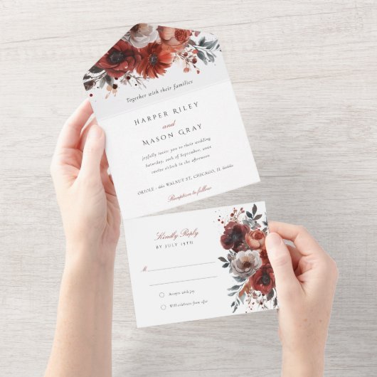 Marsala Bloom Scheur-weg RSVP Bruiloft All In One Uitnodiging (Afscheurbaar)