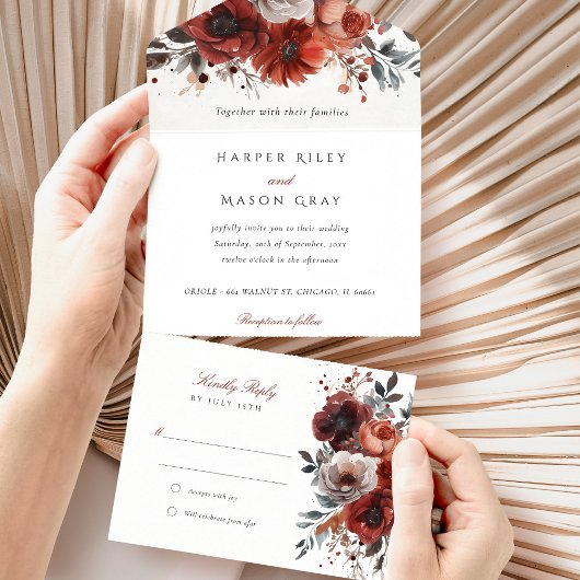 Marsala Bloom Scheur-weg RSVP Bruiloft All In One Uitnodiging