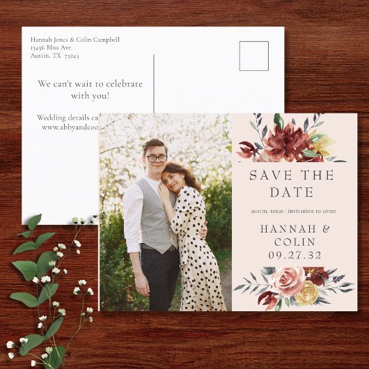  Marsala Blush Pewter Floral Save the Date Aankondigingskaart