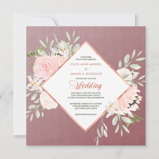 Marsala Blush Rose Floral Frame Faire-part de mari (Devant)