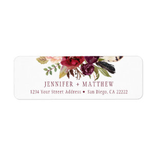 Marsala Boho Floral Greenery Return Address Etiket