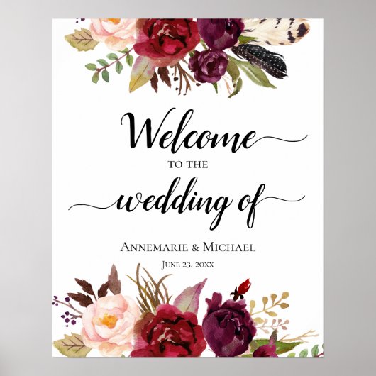 Marsala Boho Waterverf Floral Wedding Sign Poster (Voorkant)