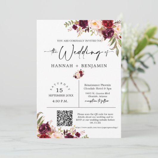 Marsala Boho Wedding Modern Minimum QR Code Foto Kaart (Staand voorkant)